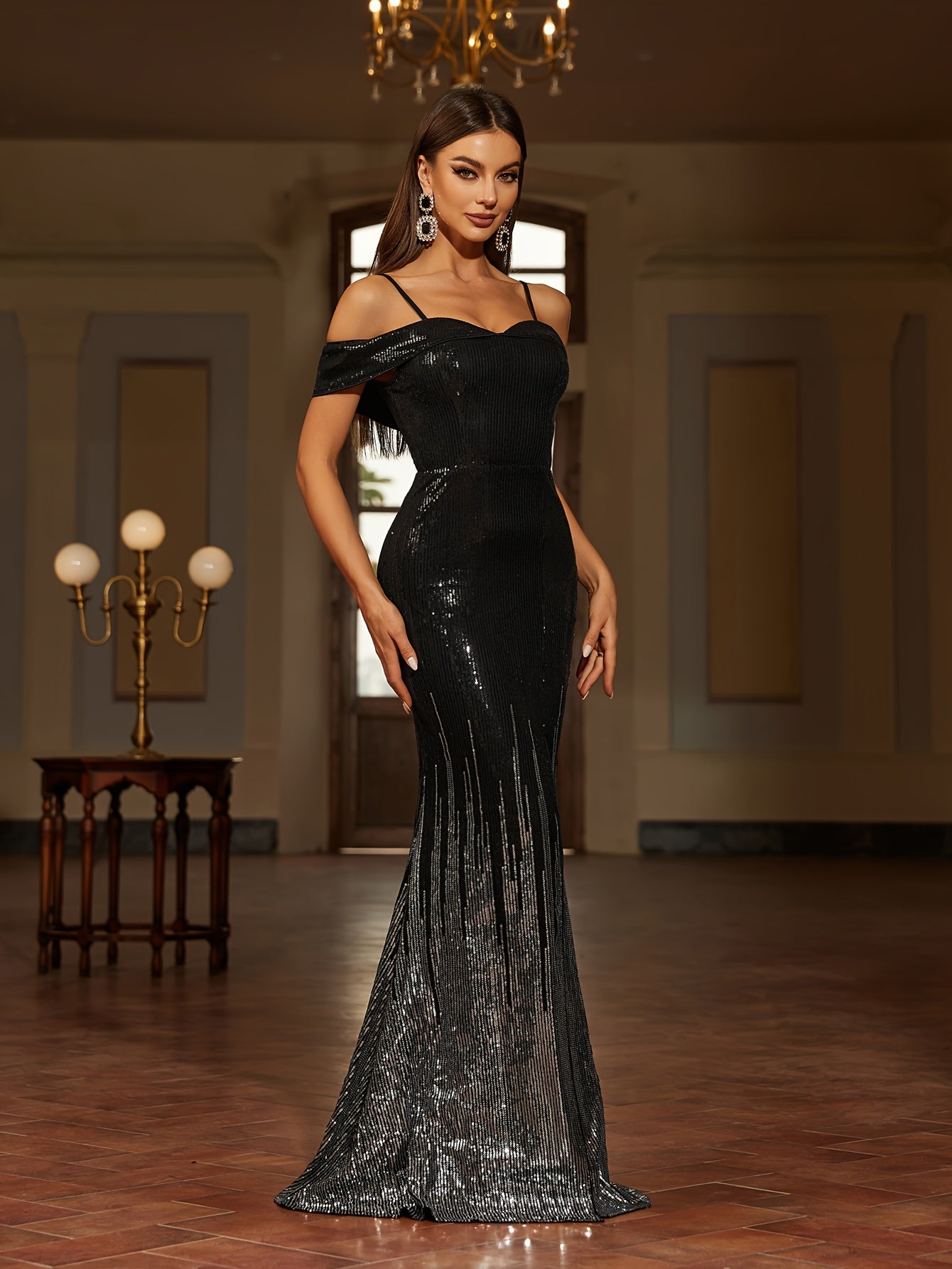 Sparkling Sequin Off Shoulder Formal Dress, Elegant Spaghetti Strap Split Hem Floor Length Evening Dress For Party & Banquet, Women's Clothing MyFave Boutique