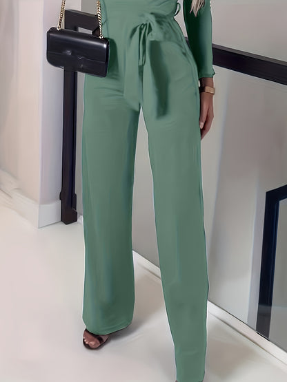 Solid V-neck Belt Wide Leg Jumpsuit, Elegant Slim Long Sleeve Jumpsuit For Spring & Summer, Women's Clothing MyFave Boutique