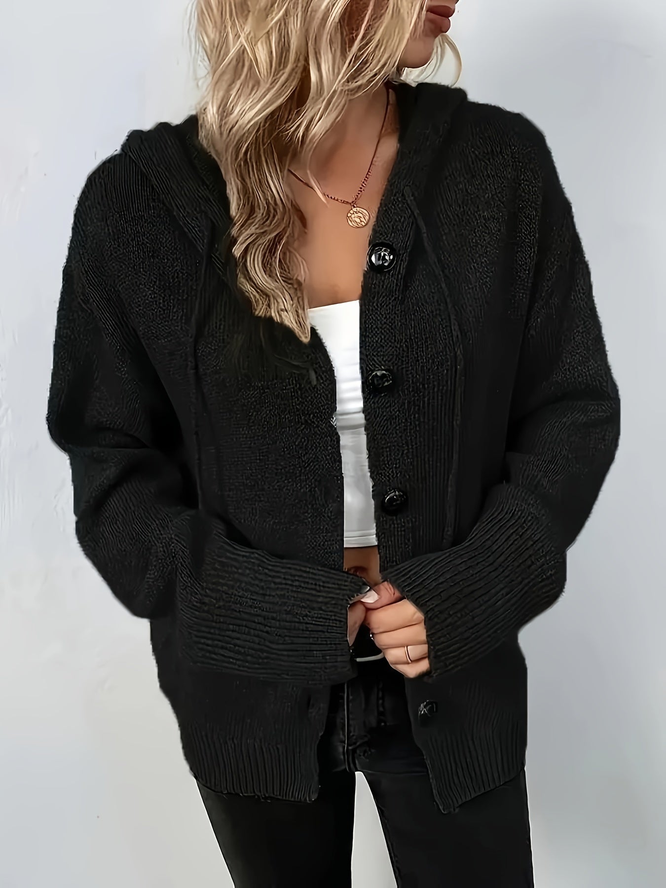 Solid Color Knit Drawstring Hooded Cardigan, Casual Button Front Cardigan Long-sleeved Jacket, Women's MyFave Boutique