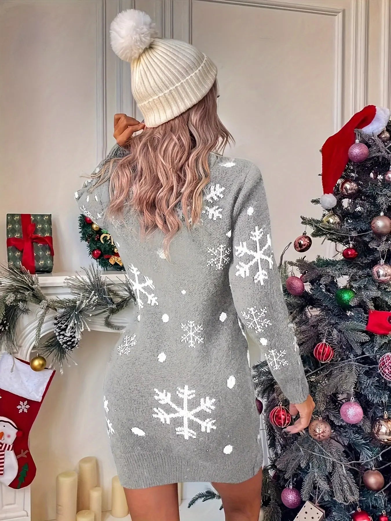 Cozy Women's Elegant Christmas Reindeer Knit Sweater Dress - Crew Neck, Mid-Length, Acrylic Fiber for Fall/Winter MyFave Boutique