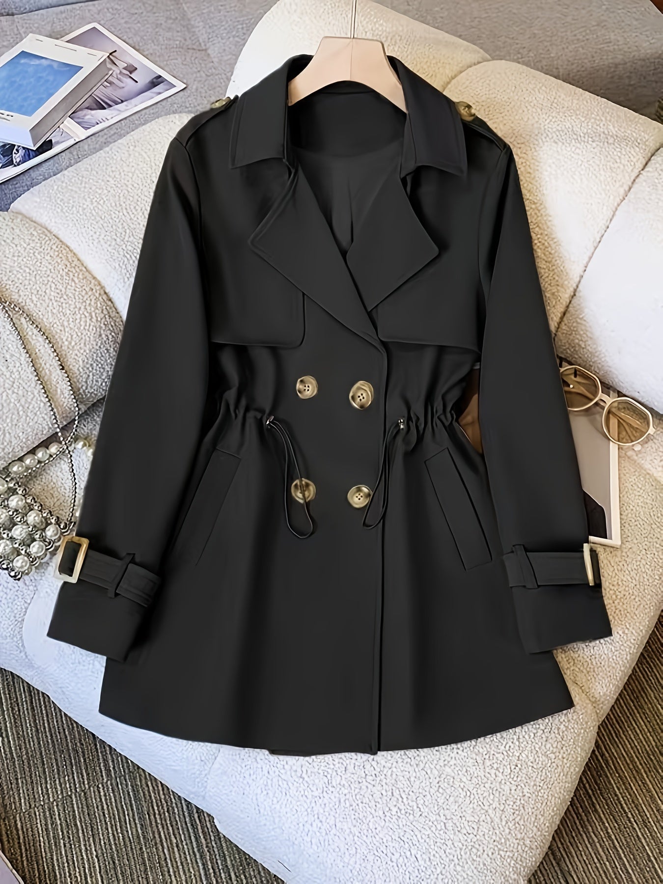 Women's Polyester Blazer Coat, Mid-Length, Classic Style, Polyester Fabric, Machine Washable, Double-Breasted, Open Front, Elegant And Fashionable MyFave Boutique