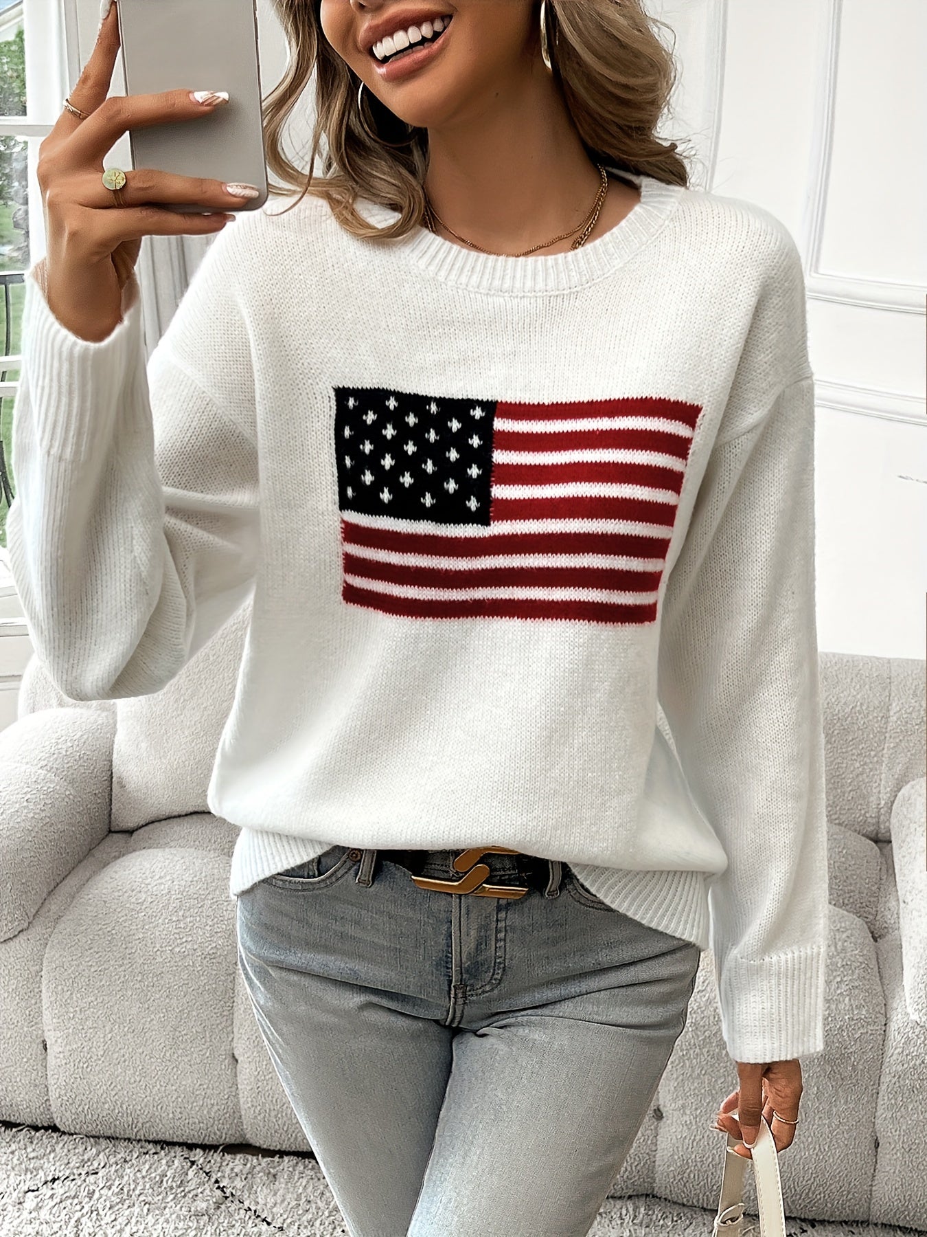 American Flag Pattern Crew Neck Sweater, Elegant Long Sleeve Sweater For Fall & Winter, Women's Clothing MyFave Boutique