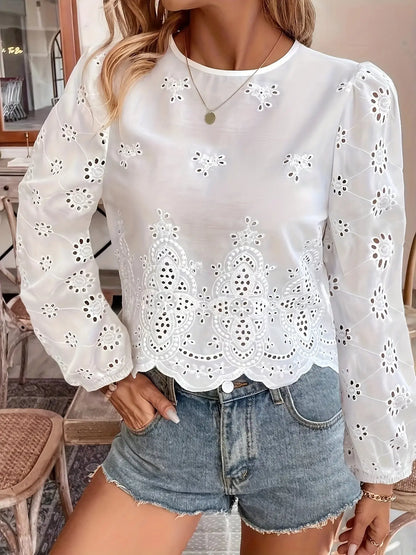 Eyelet Lace Trim Long Sleeve Crew Neck Blouse, Elegant Spring/Fall Women's Blouse MyFave Boutique