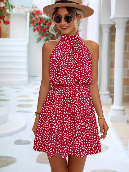 Hearts Print Halter Neck Dress, Casual Sleeveless Bow Back Slim Dress For Spring & Summer, Women's Clothing MyFave Boutique