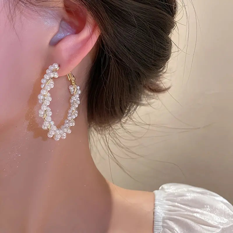 Elegant Retro Style Hoop Earrings, Luxury Temperament, Faux Pearl Circle Earrings For Women, Unique New Design Ear Buckles Jewelry MyFave Boutique