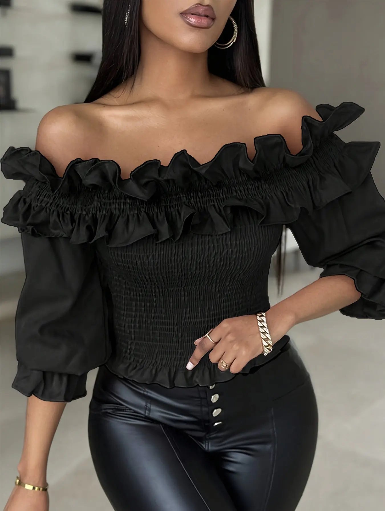 Off-Shoulder Ruffle Trim Shirred 3/4 Sleeve Top for Women, Elegant Spring/Summer Blouse MyFave Boutique