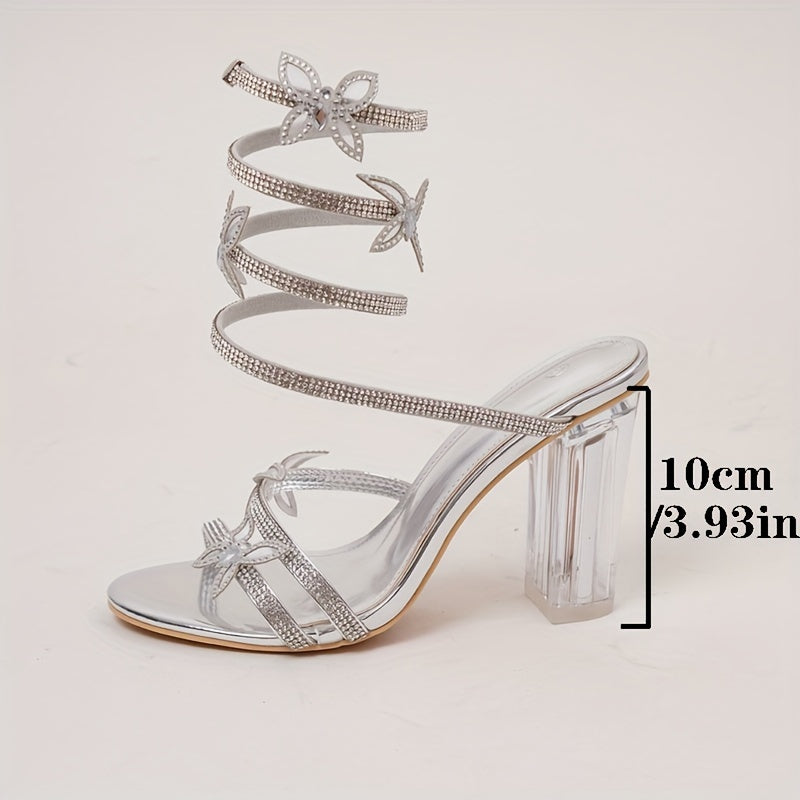 Elegant Snake-Print Ankle Strap Heels with Crystal Embellishments - Summer Collection - One-Size-Fits-All - Rubber Sole - High Heel - 10Cm / 3.93In MyFave Boutique