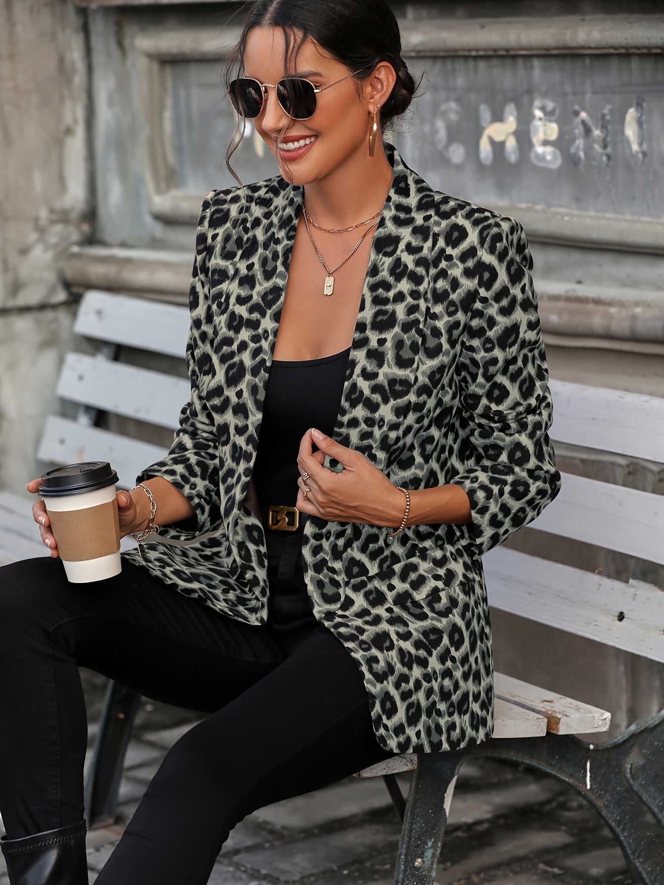 Leopard Print Open Front Blazer, Elegant Lapel Neck Long Sleeve Blazer For Office & Work, Women's Clothing MyFave Boutique