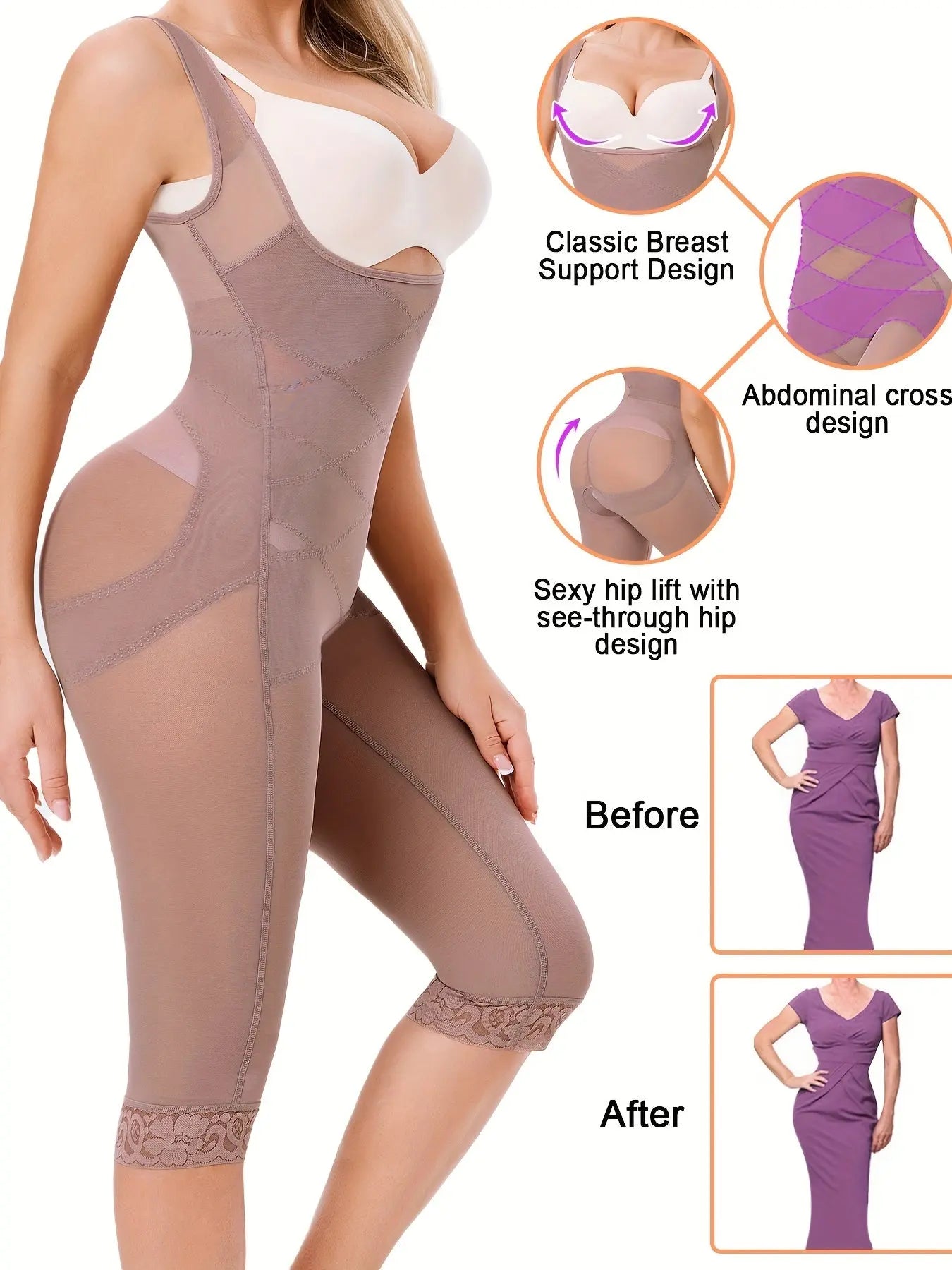 Women's Nylon Spandex Square Neck Sexy Unitard with Sheer Mesh Detail, Festive Capri-Length Body Shaper Jumpsuit with Lace Trim, All-Season Skinny Contour Knit Fabric Shapewear for Adults MyFave Boutique