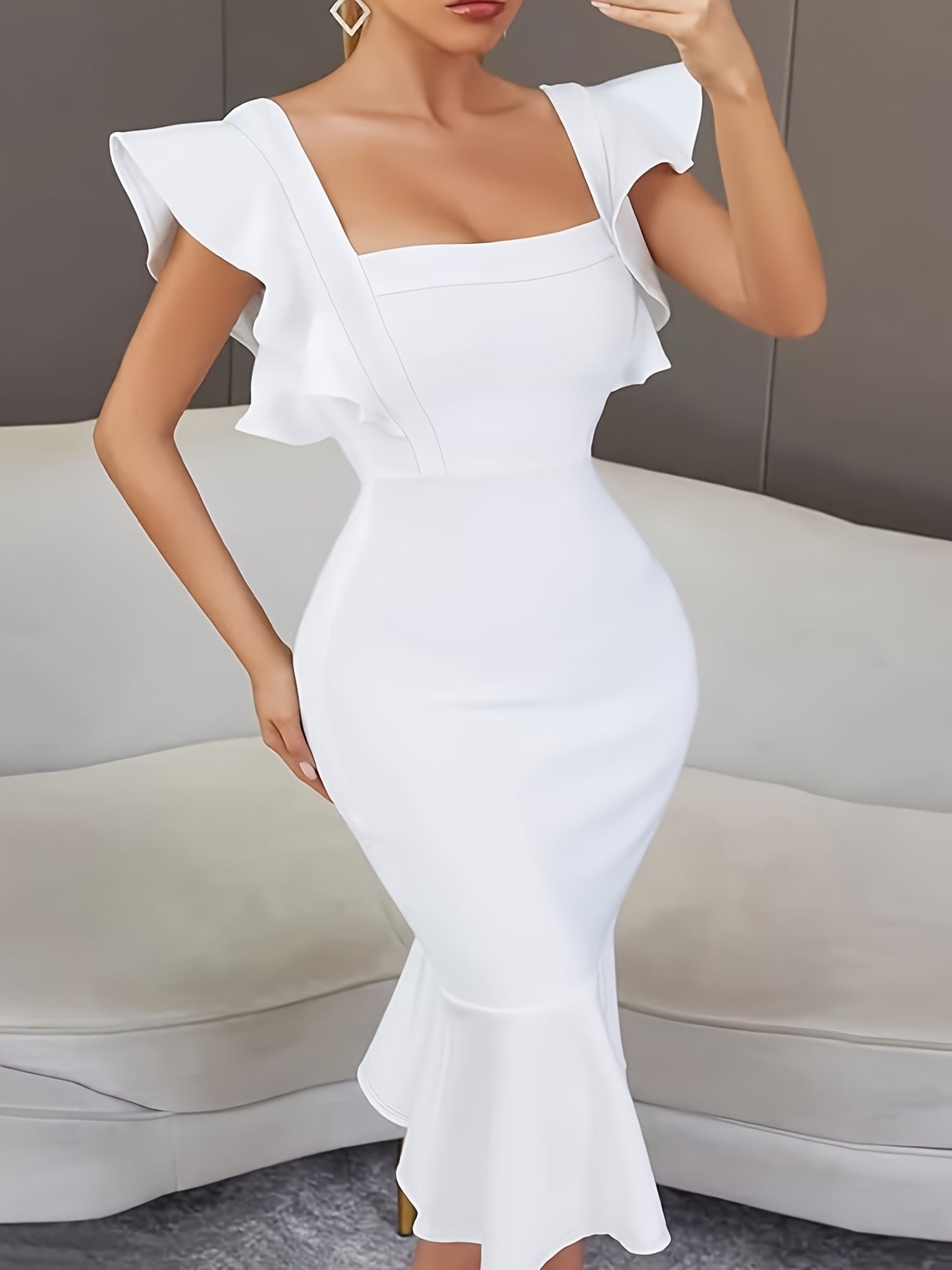 Solid Square Neck Dress, Elegant Ruffle Sleeve Bodycon Dress, Women's Clothing MyFave Boutique