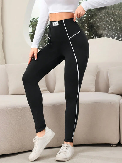 Contrast Trim High Waist Leggings, Casual Skinny Fit Leggings For Spring & Summer, Women's Clothing MyFave Boutique