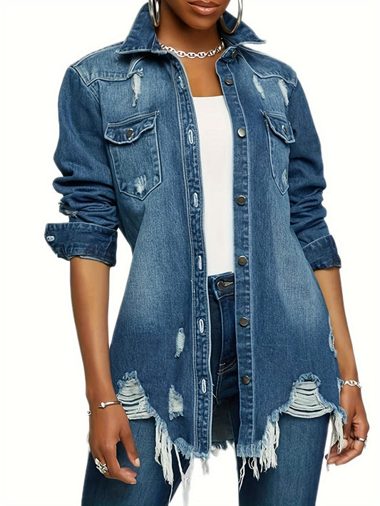 Women's Casual Distressed Denim Jacket, Slim Fit Long Sleeve Jean With Frayed Hem – Stylish Chic Outerwear MyFave Boutique