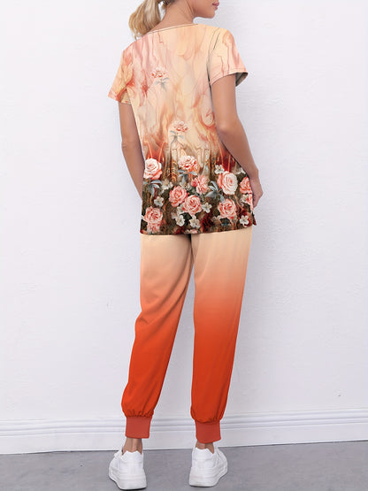 Floral Print V-Neck Scrub Top & Gradient Jogger Pants Set for Nurses and Women MyFave Boutique