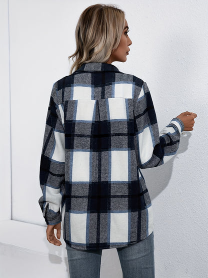 Plaid Print Lapel Neck Blouse, Casual Button Front Long Sleeve Flap Pockets Blouse For Spring & Fall, Women's Clothing MyFave Boutique