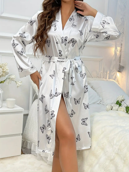 Printed Butterfly Pattern Nightgown, Deep V Long Sleeve Sleep Robe With Belt, Women's Sexy Lingerie & Underwear MyFave Boutique