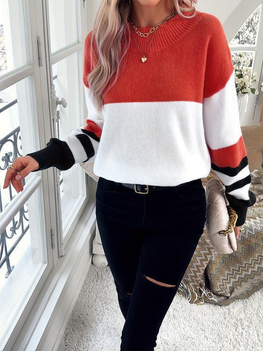 Color Block Knitted Pullover Sweater, Casual Long Sleeve Sweater For Fall & Winter, Women's Clothing MyFave Boutique