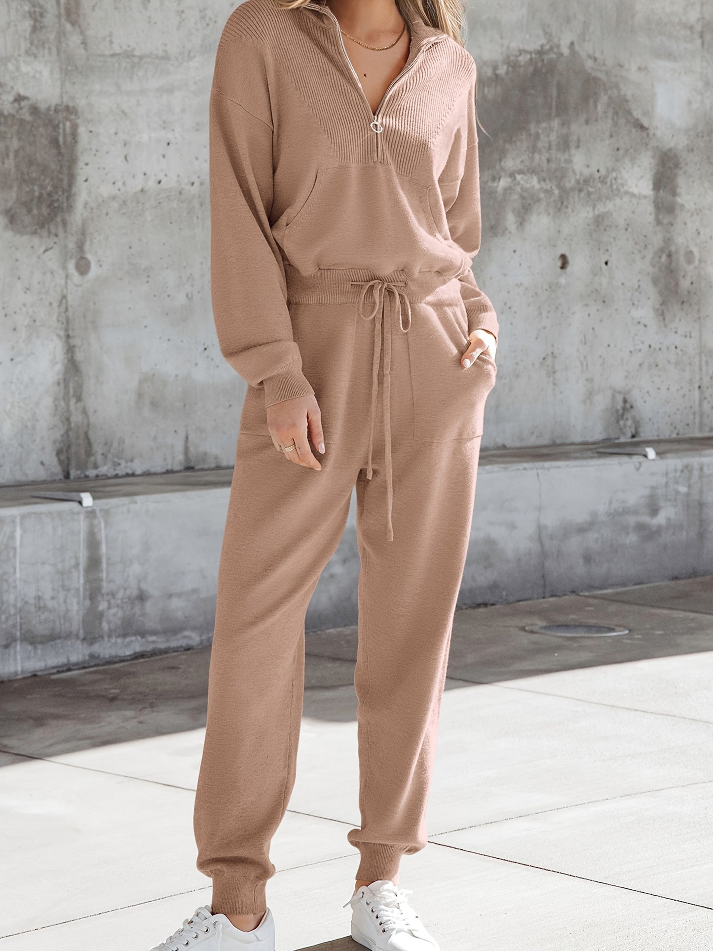 Elegant Solid Color Sporty Pantsuits, Half Zip Kangaroo Pocket Sweatshirt & Drawstring Jogger Pants Outfits, Women's Clothing MyFave Boutique