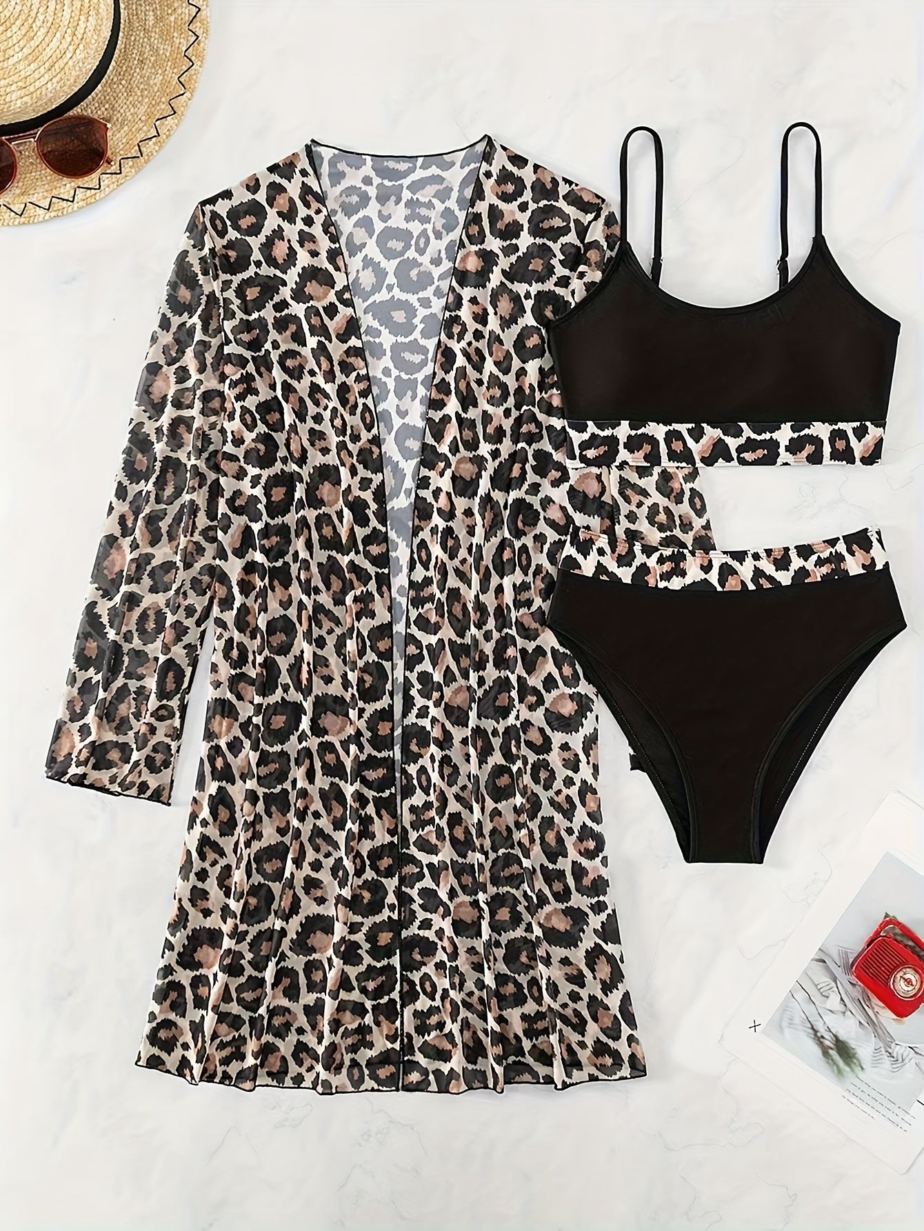 Leopard Print Scoop Neck Bikini With Long Sleeve Kimono Cover Up 3 Piece Set Swimsuits, Women's Swimwear & Clothing MyFave Boutique