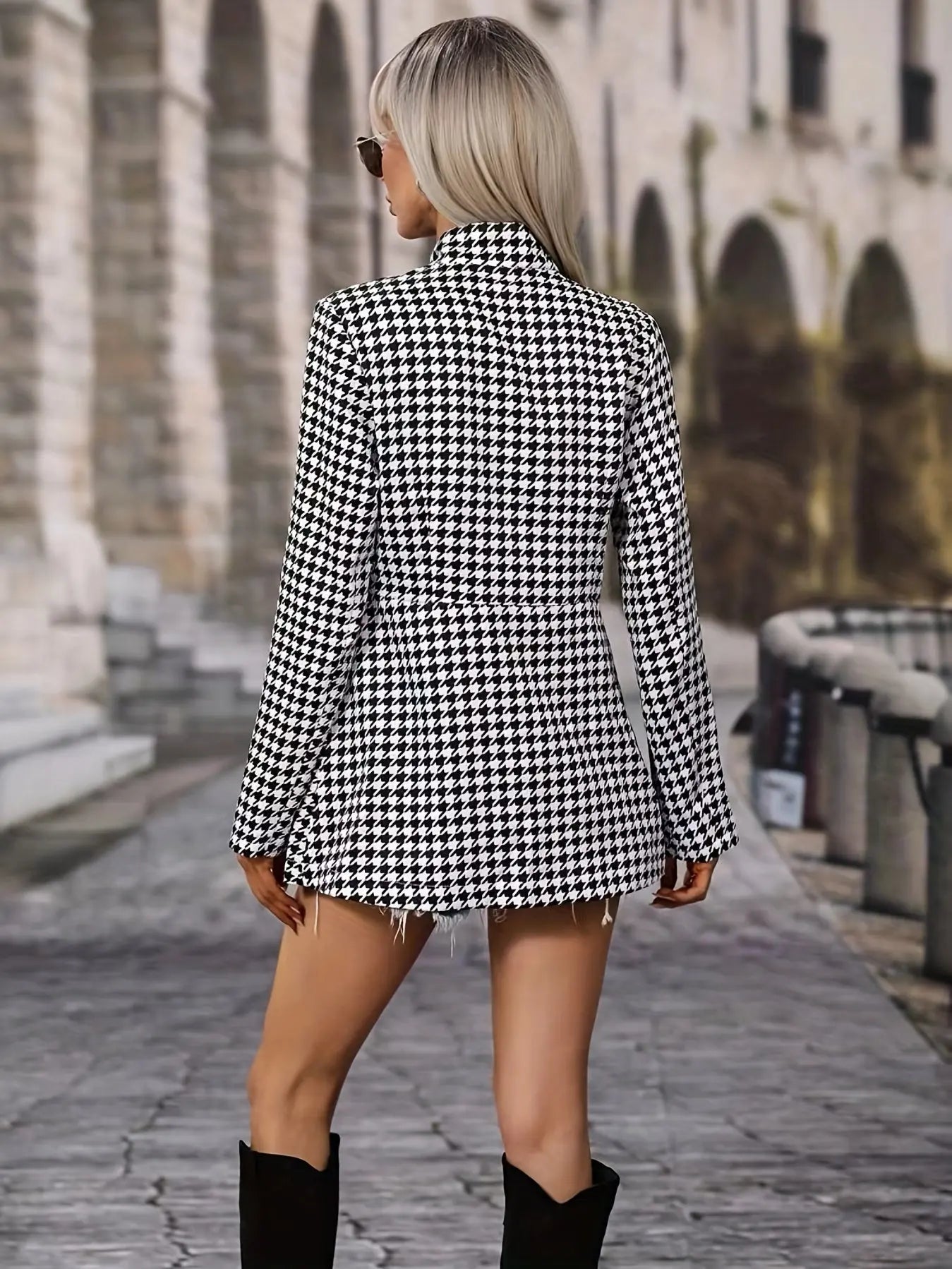 Houndstooth Print Open Front Blazer for Women, Long Sleeve Office Blazer, Elegant Workwear MyFave Boutique