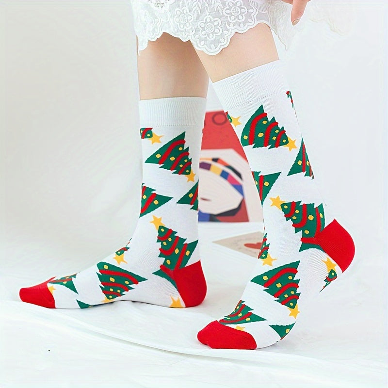 5 Pairs Christmas Pattern Socks, Casual Vintage Style Mid Tube Socks For Fall & Winter, Women's Stockings & Hosiery MyFave Boutique