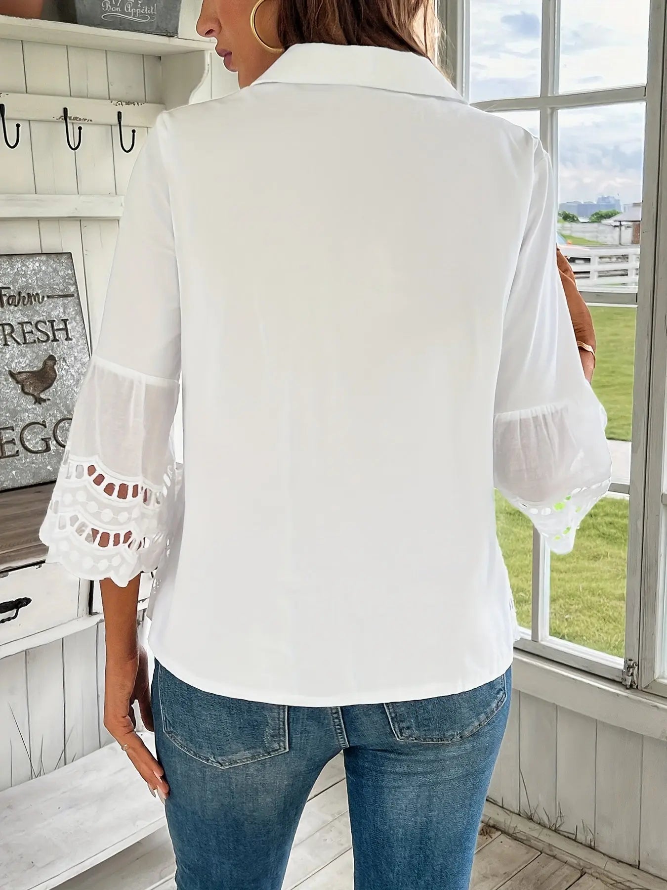 Eyelet Embroidered Button Front Blouse, Casual Three-quarter Sleeve Blouse For Spring & Summer, Women's Clothing MyFave Boutique