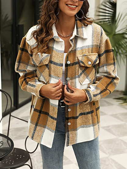 Plaid Print Flap Pockets Jacket, Casual Single Breasted Drop Shoulder Loose Outwear, Women's Clothing MyFave Boutique