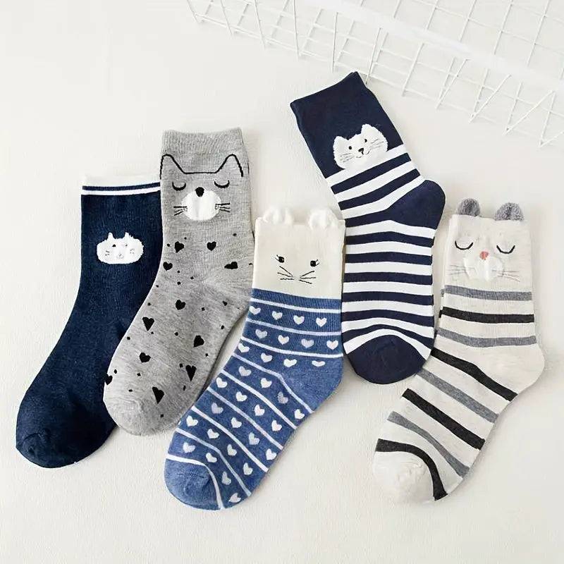 5 Pairs Womens Socks Cute Cat Patterned Funny Novelty Medium Tube Socks For Women Gifts For Cat Lovers MyFave Boutique