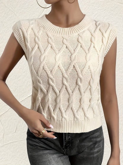 Solid Crew Neck Cable Knit Vest, Casual Sleeveless Slim Top, Women's Clothing MyFave Boutique