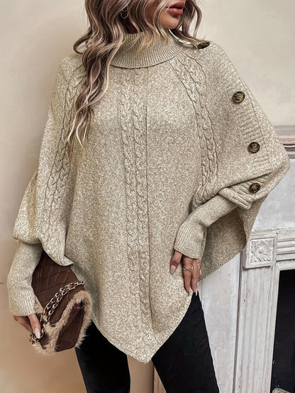 Cable Knit Button Decor Cape Sweater, Elegant Hanky Hem Turtleneck Batwing Sleeve Sweater For Fall & Winter, Women's Clothing MyFave Boutique