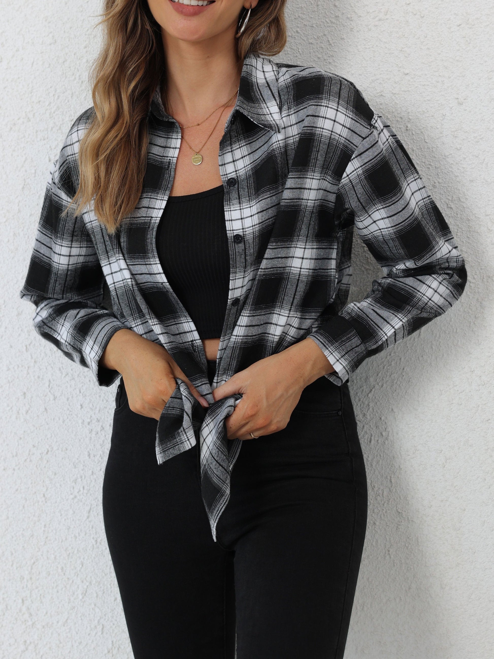 Plaid Print Button Up Shirt, Elegant Collared Long Sleeve Shirt For Spring & Fall, Women's Clothing MyFave Boutique