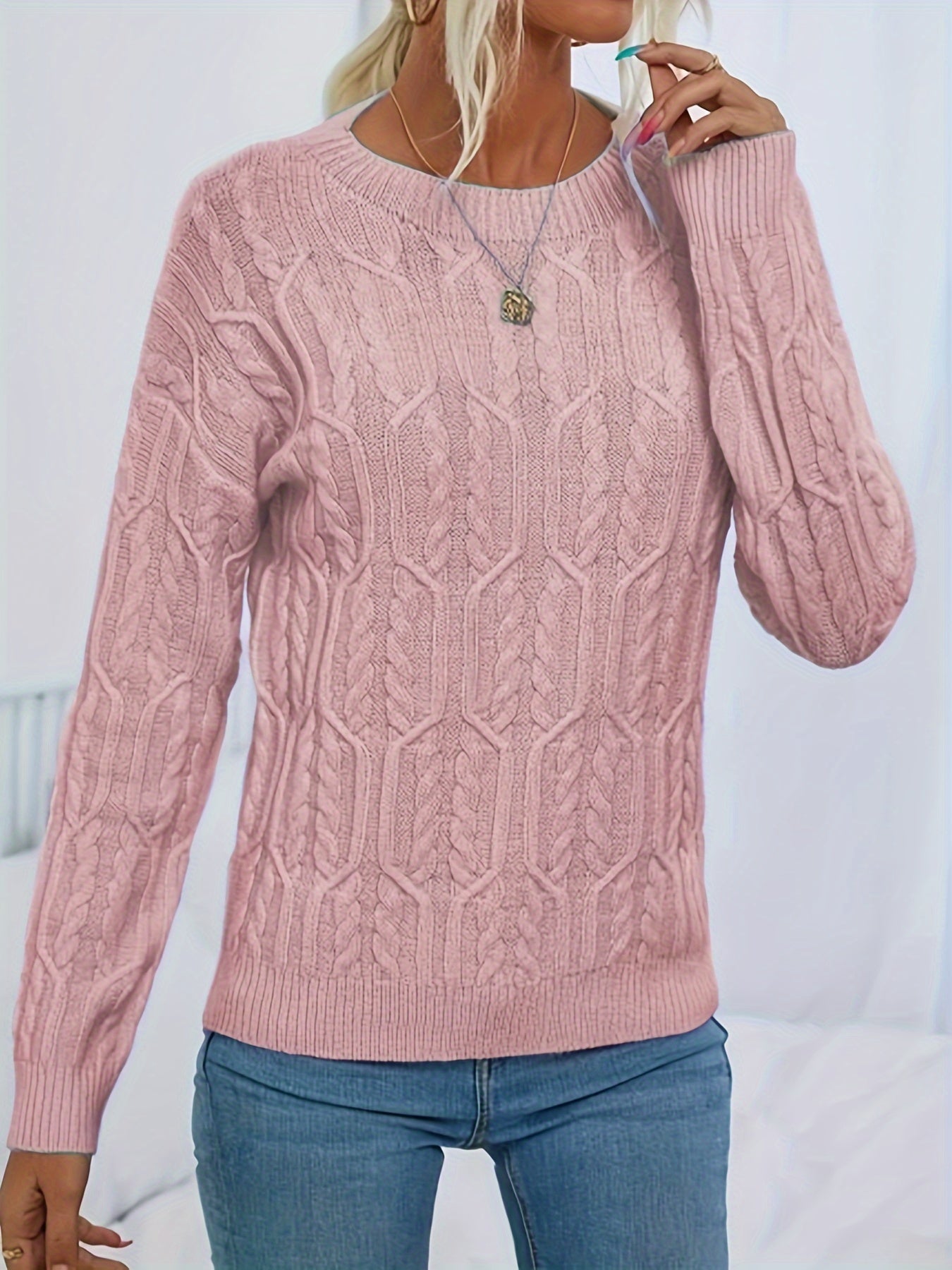 Solid Cable Knit Slouchy Sweater, Elegant Long Sleeve Crew Neck Drop Shoulder Knitted Pullover, Women's Clothing MyFave Boutique