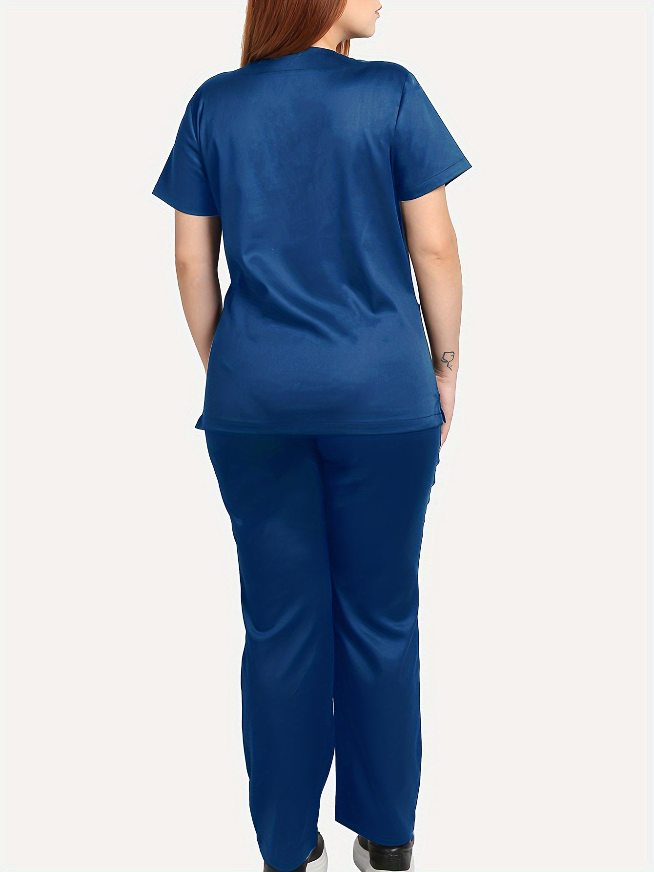 Functional Two-piece Set, V Neck Short Sleeve Pockets Uniforms Top & Straight Leg Pants, Women's Clothings MyFave Boutique