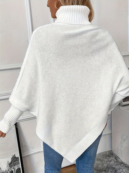 Cable Knit Turtle Neck Sweater, Stylish Hanky Hem Batwing Long Sleeve Sweater For Fall & Winter, Women's Clothing MyFave Boutique