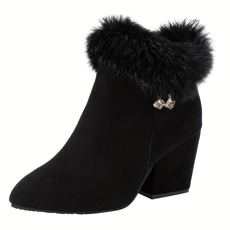 Women's Solid Color Lined Boots, Side Zipper Chunky Heel Fluffy Warm Boots, Winter Plush Comfy Shoes MyFave Boutique