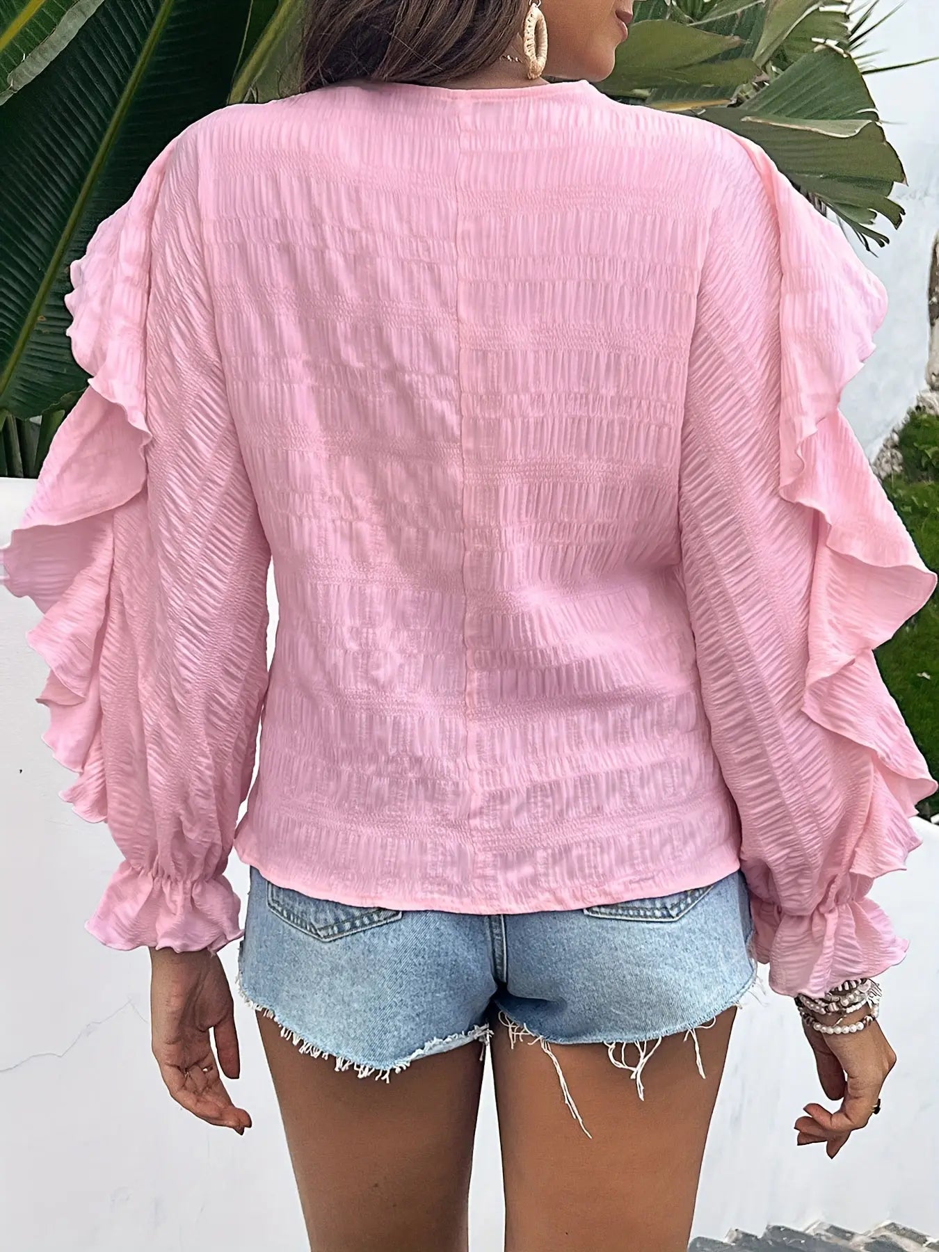 Ruffle Trim Button Front Blouse, Casual Long Flounce Sleeve Textured Blouse For Spring & Fall, Women's Clothing MyFave Boutique