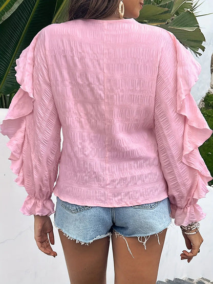 Ruffle Trim Button Front Blouse, Casual Long Flounce Sleeve Textured Blouse For Spring & Fall, Women's Clothing MyFave Boutique