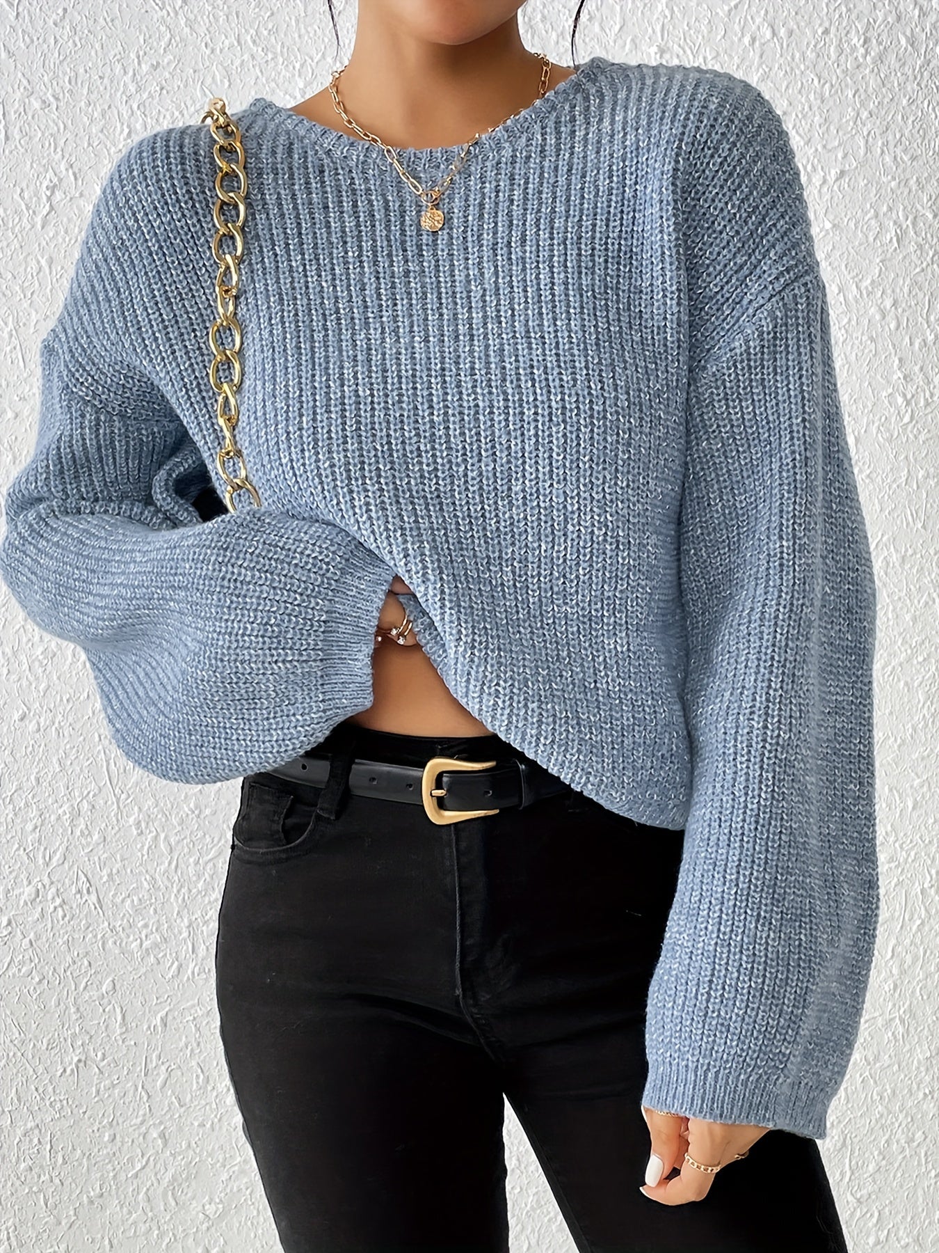 Solid Crew Neck Pullover Sweater, Casual Long Sleeve Drop Shoulder Sweater, Women's Clothing MyFave Boutique