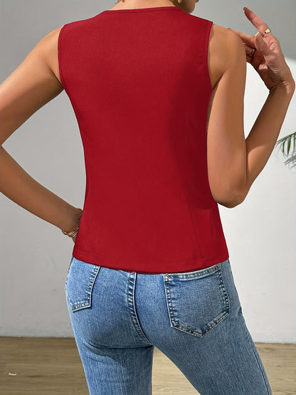 Button Front V Neck Vest, Elegant Solid Color Sleeveless Slim Fit Vest For Spring & Summer, Women's Clothing MyFave Boutique