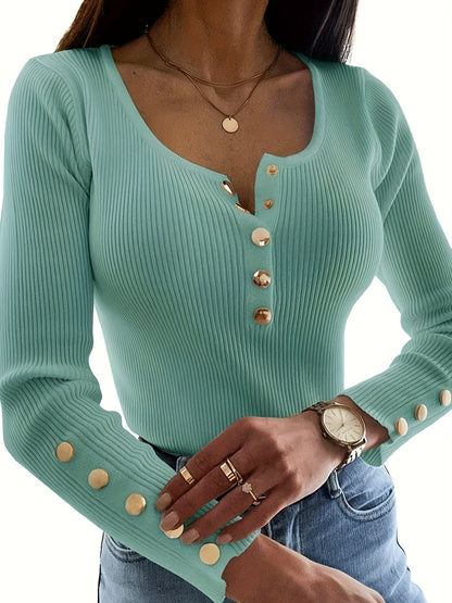 Womens Sexy Long Sleeve Sweater Scoop Neck Button Up Fitted Pullover Shirts Tops MyFave Boutique