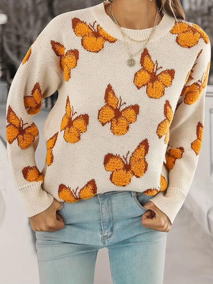 Butterfly Pattern Crew Neck Sweater, Casual Long Sleeve Sweater For Fall & Winter, Women's Clothing MyFave Boutique