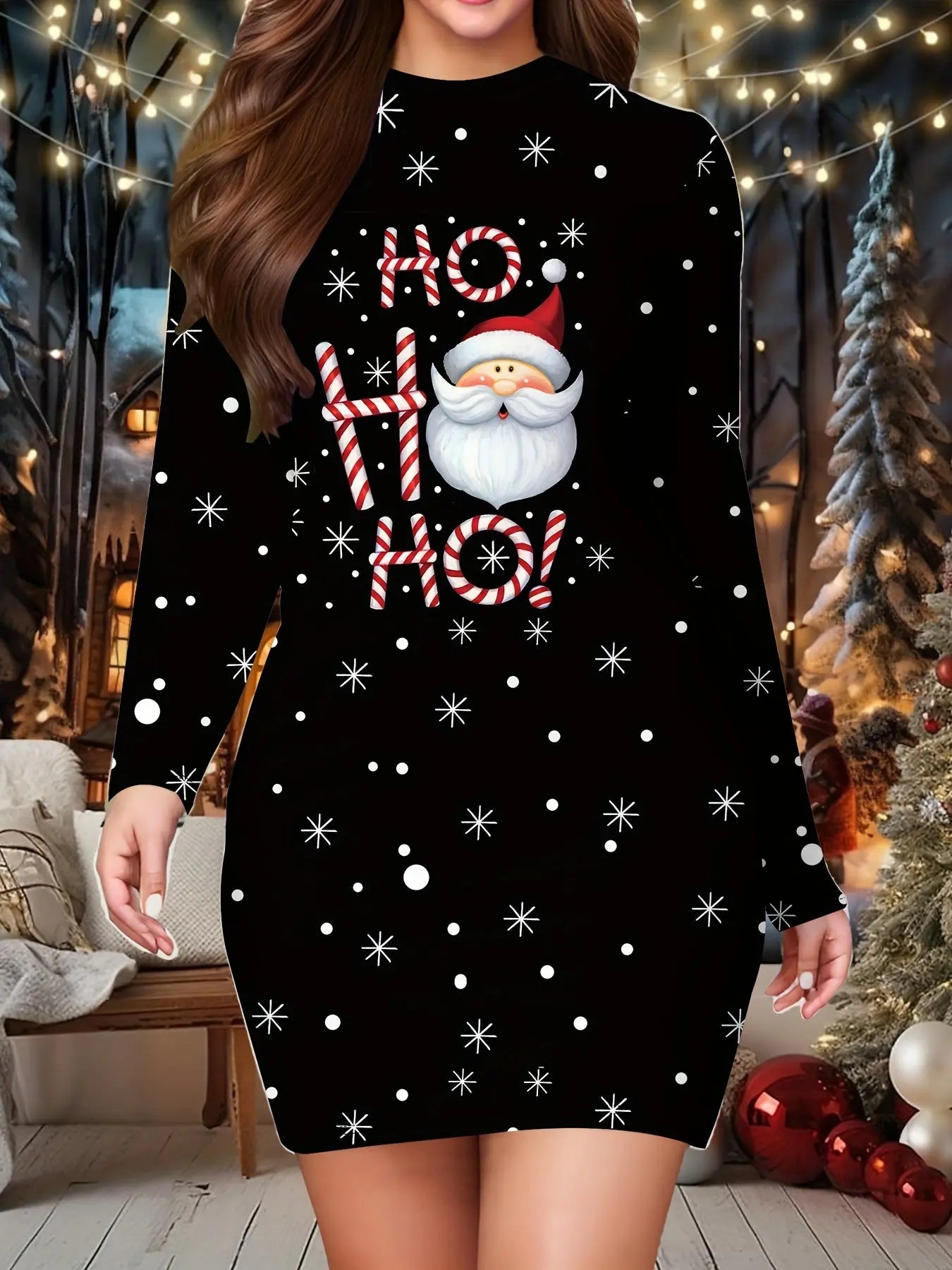 Elegant Polyester Knit Bodycon Dress with Santa Print - Crew Neck Long Sleeve Christmas Holiday Women's Dress MyFave Boutique