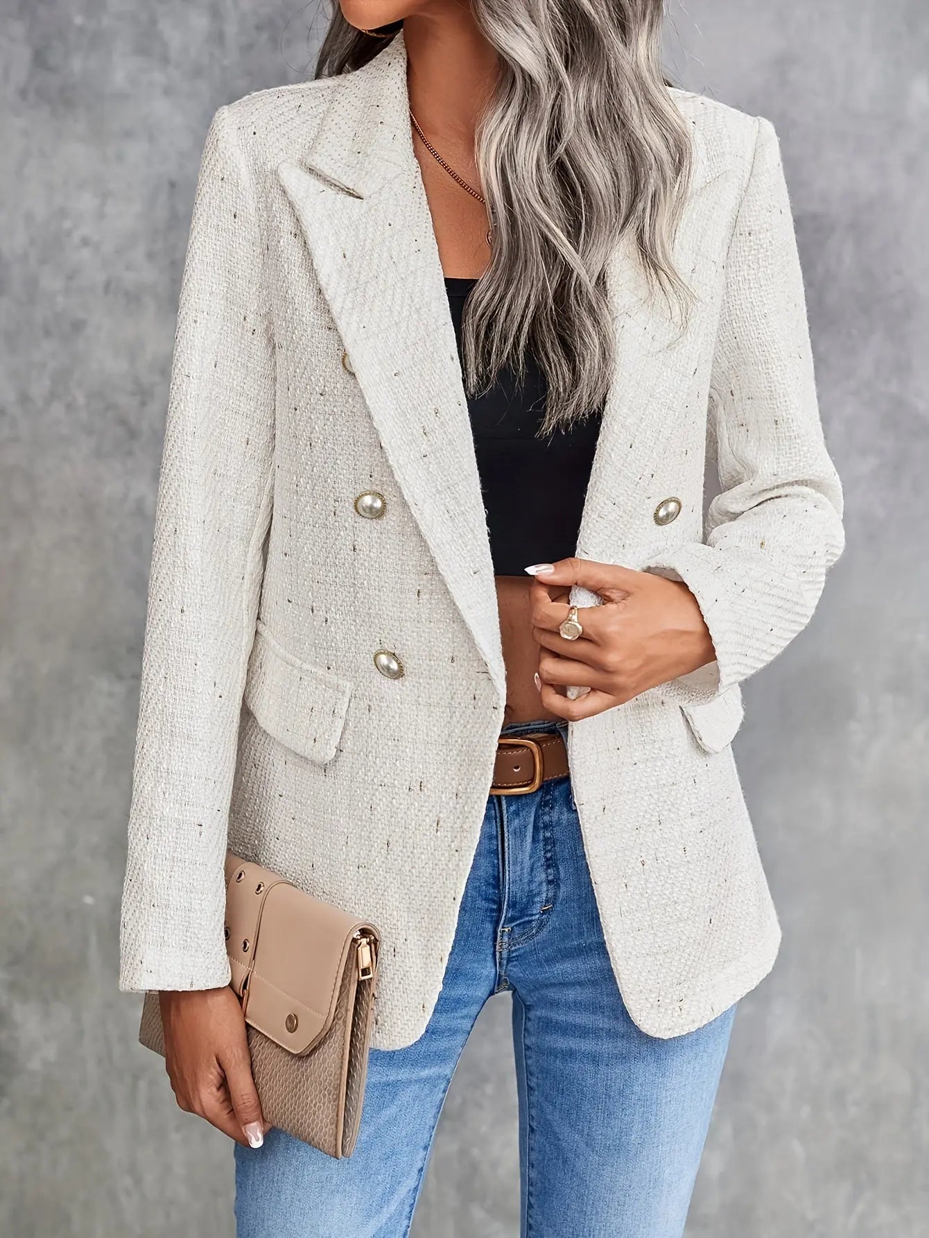 Double Breasted Lapel Blazer, Elegant Long Sleeve Work Office Outerwear, Women's Clothing MyFave Boutique