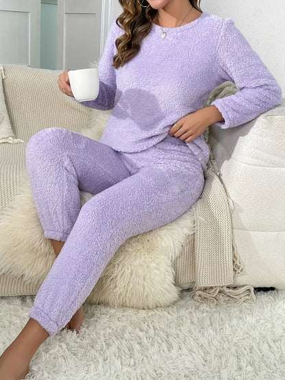 2pcs Plush Loungewear Set For Winter & Fall, Long Sleeve Top & Solid Pants, Women's Loungewear & Sleepwear MyFave Boutique