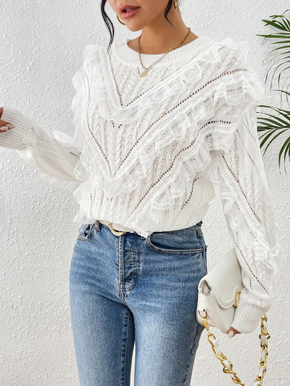 Solid Lace Trim Knitted Sweater, Elegant Long Sleeve Eyelet Pullover Sweater, Women's Clothing MyFave Boutique