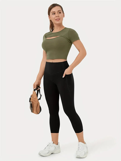 High-Waisted Side Pocket Sculpting Cropped Leggings with Breathable Design and Phone Pouch Detail MyFave Boutique