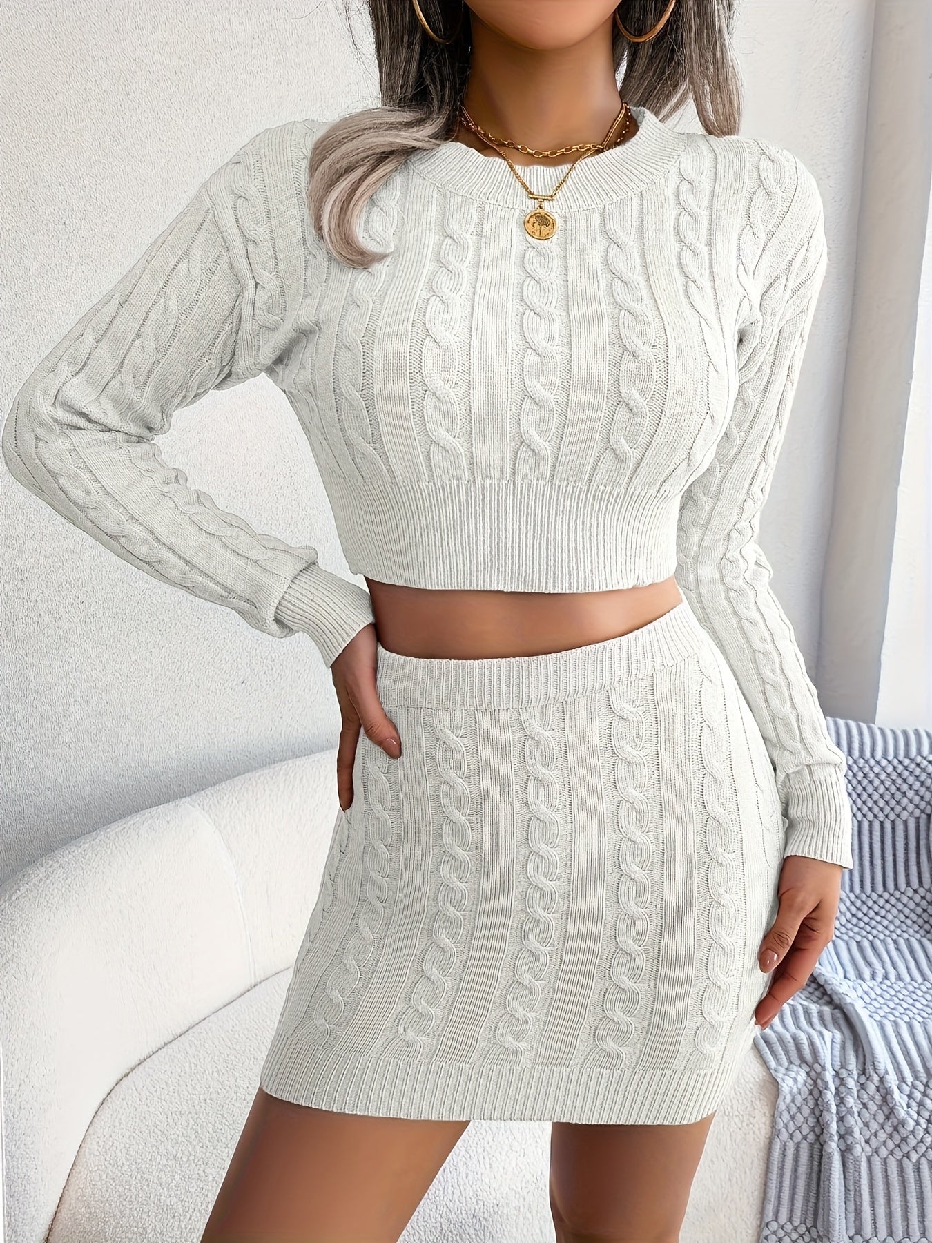 Elegant Cable Knit Skirt Set, Crew Neck Long Sleeve Crop Sweater & High Waist Bodycon Skirt For Spring & Fall, Women's Clothing MyFave Boutique