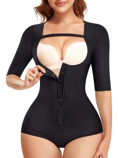 Zip Up Open Bust Shaping Bodysuit, Half Sleeve Tummy Control Slimmer Body Shaper, Women's Underwear & Shapewear MyFave Boutique