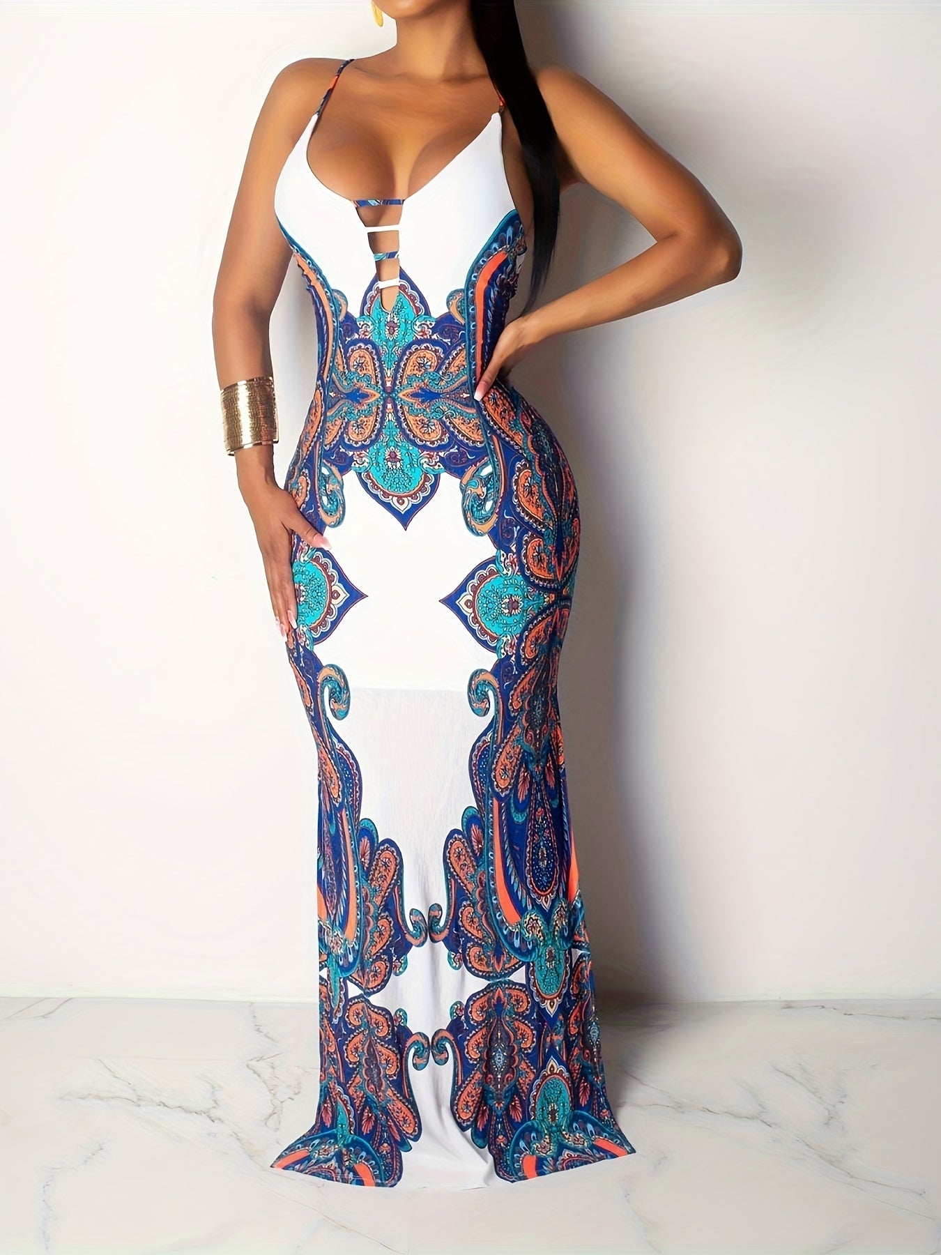 Womens Spaghetti Strap Leaf Printed Maxi Dress Bandage Bodycon Beach Holiday Long Dress MyFave Boutique