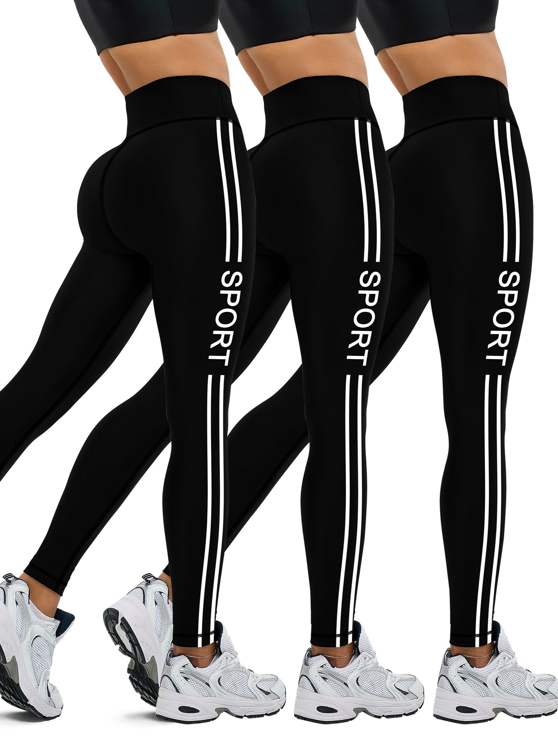 3-Pack Women's High-Waist Sport Leggings, Striped, Letter Print, Stretch, Gym, Fitness, Yoga Pants MyFave Boutique