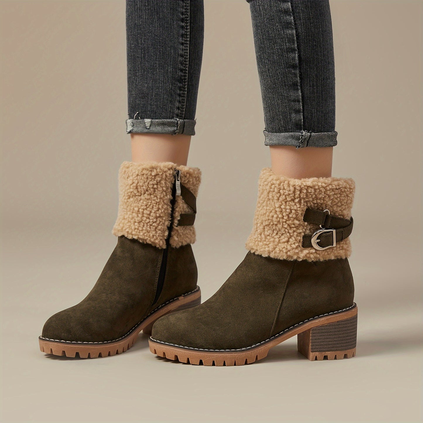 Women's Chunky Heel Short Boots, Casual Side Zipper Plush Lined Boots, Comfortable Winter Ankle Boots MyFave Boutique